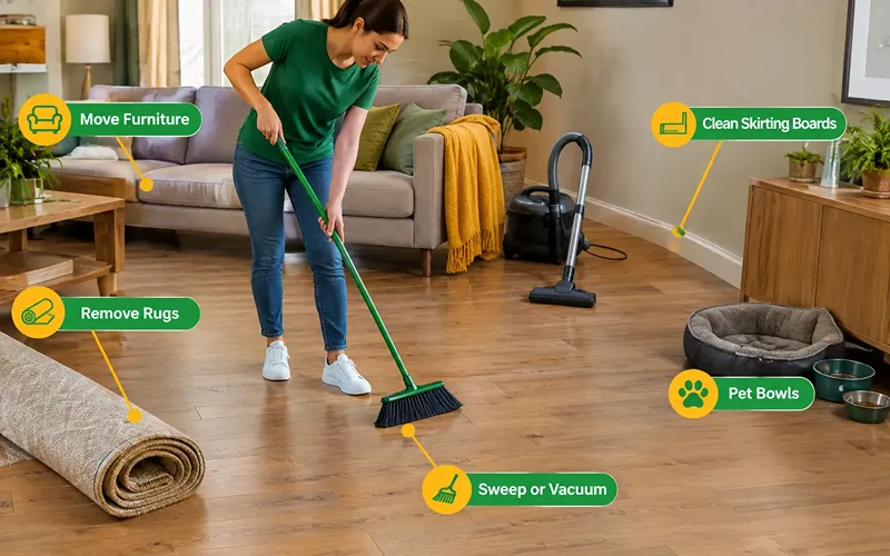 Step 1 Clear the floor and dry-clean first