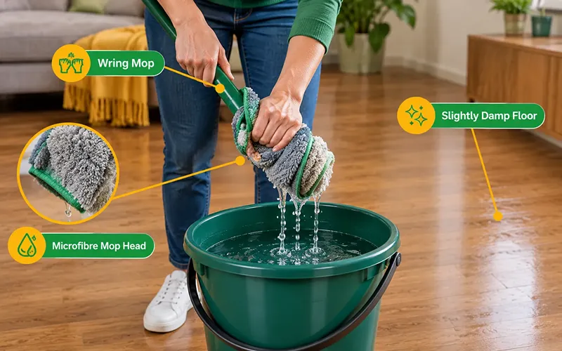 Step 3: Wring the mop until it's barely damp