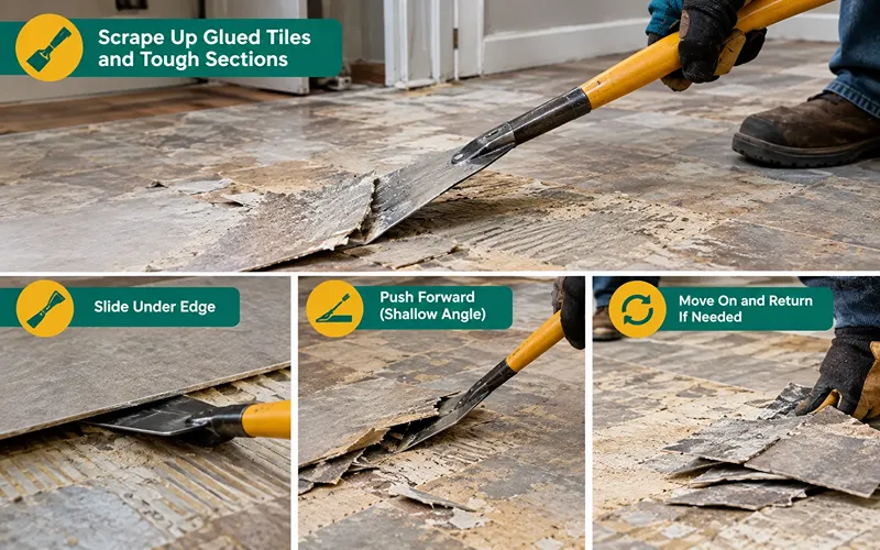 Step 5 Scrape Up Glued Tiles and Tough Sections